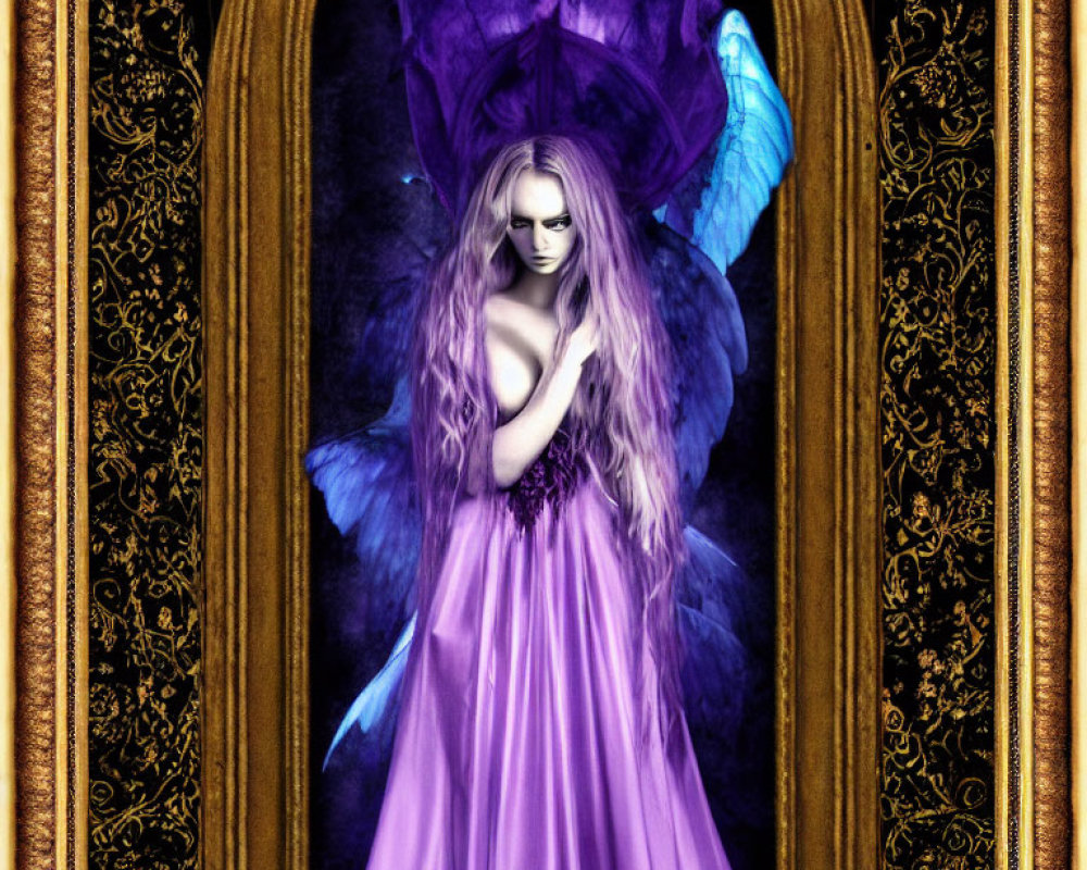 Fantastical female figure with blue butterfly wings and purple hair in ornate golden frame