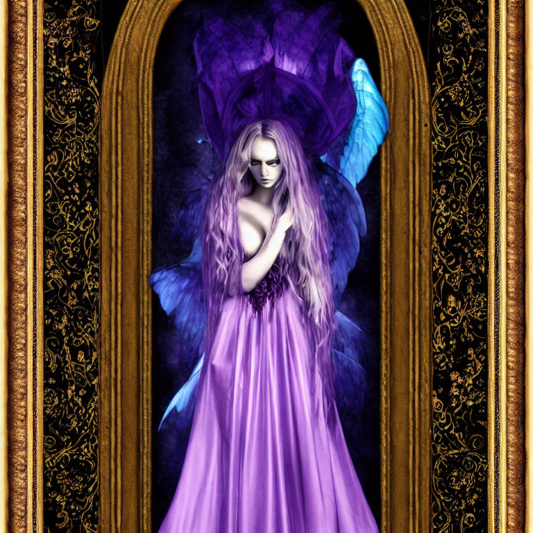 Fantastical female figure with blue butterfly wings and purple hair in ornate golden frame