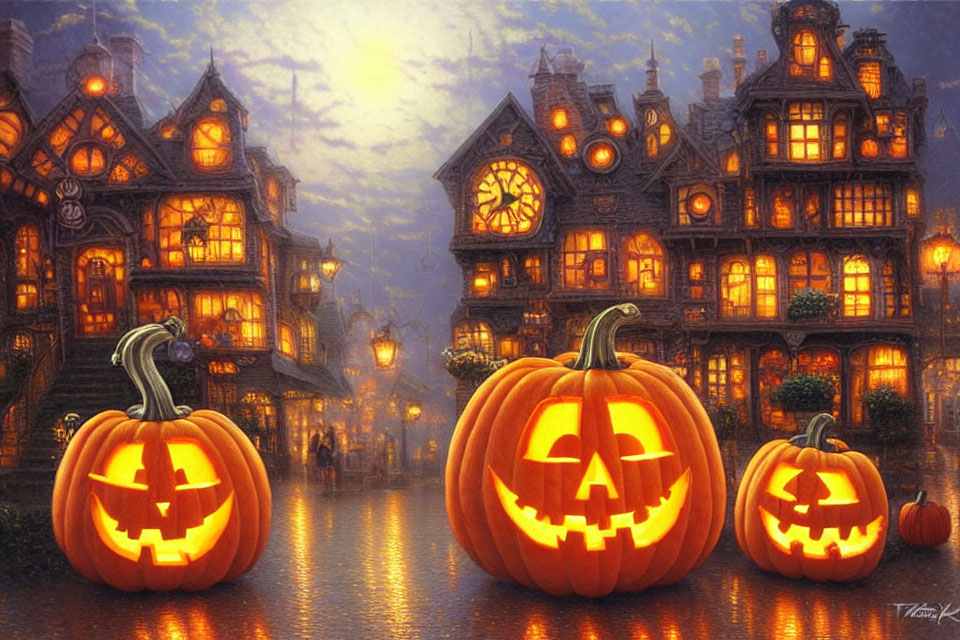 Whimsical Halloween illustration with jack-o'-lanterns and Victorian houses