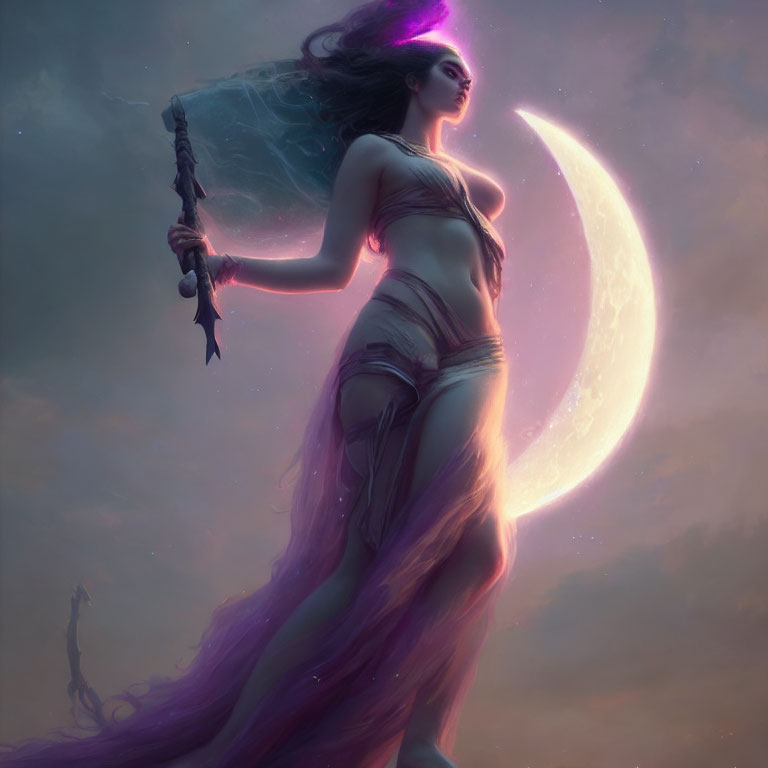 Mystical woman with flowing hair and staff under crescent moon