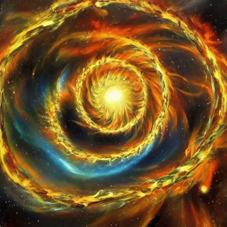 Colorful cosmic swirl with golden, blue, and orange hues resembling a spiral galaxy or nebula.