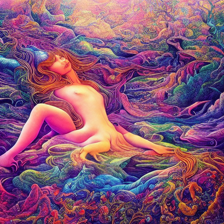 Colorful Psychedelic Artwork of Nude Female Figure with Nature Patterns