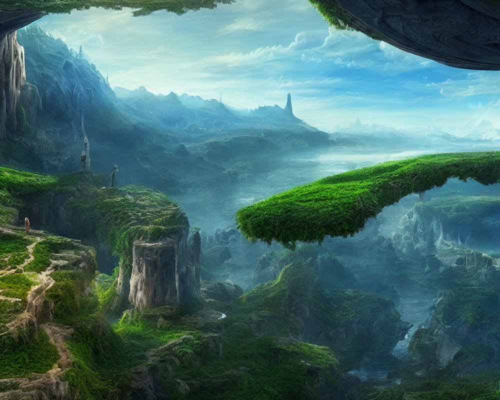 Fantastical landscape with floating islands and lush greenery
