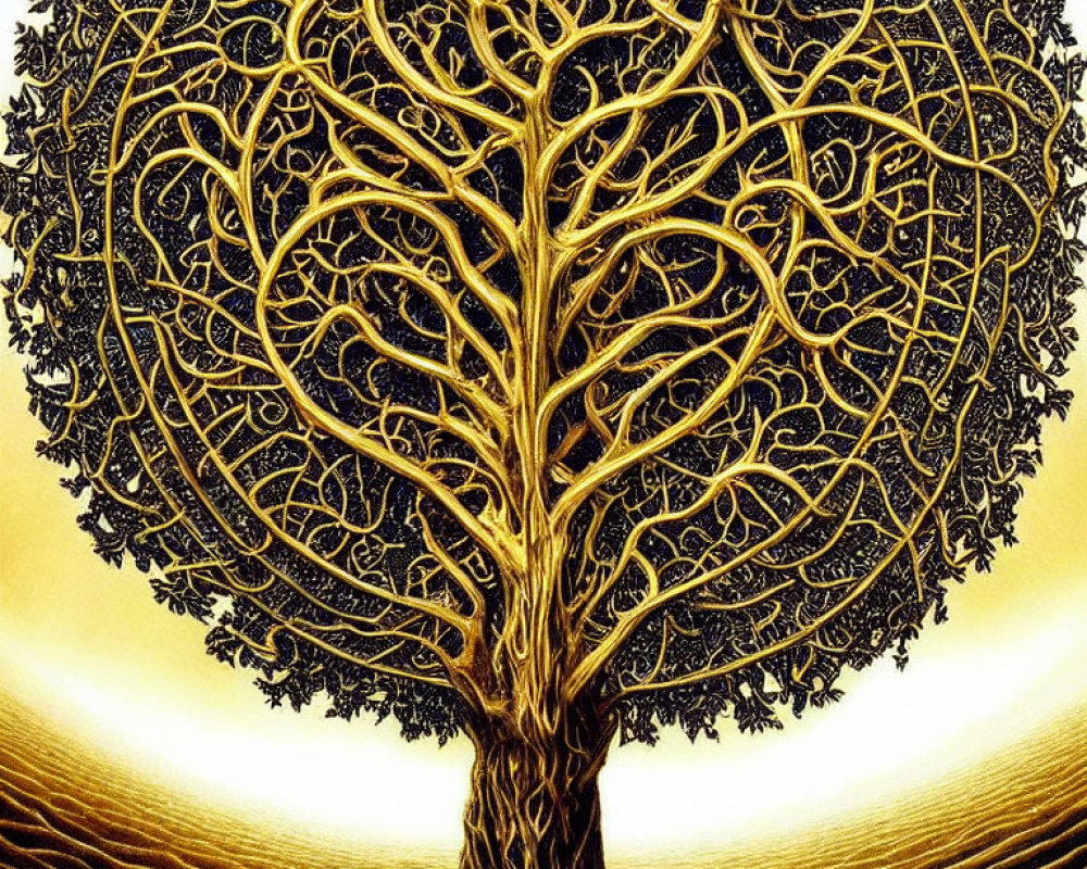 Golden tree with intricate branches on radiant yellow background