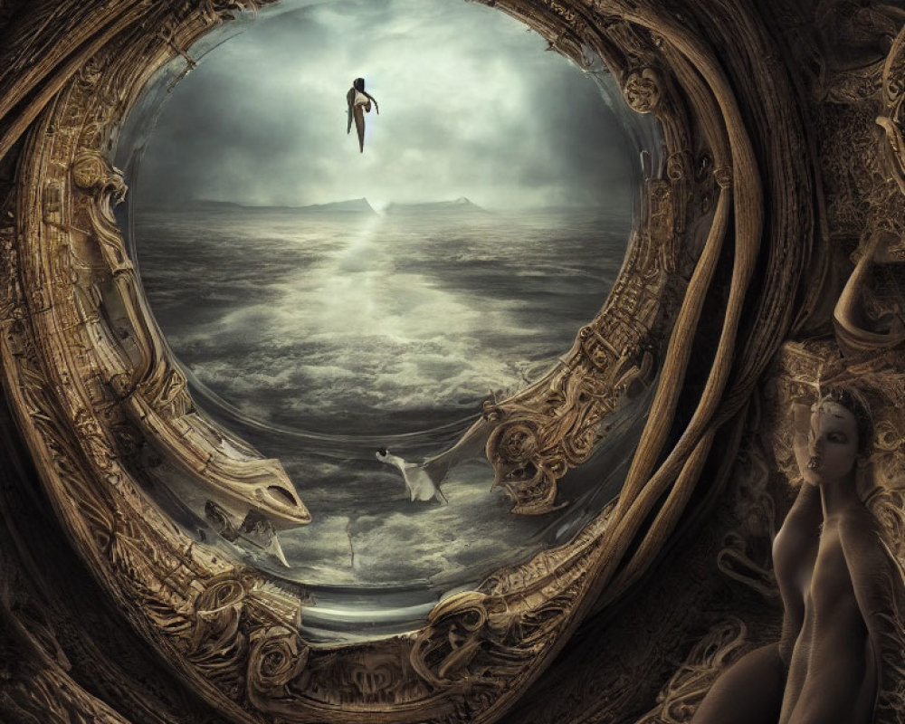 Circular surreal seascape with flying figures and intricate carvings featuring a seated woman.
