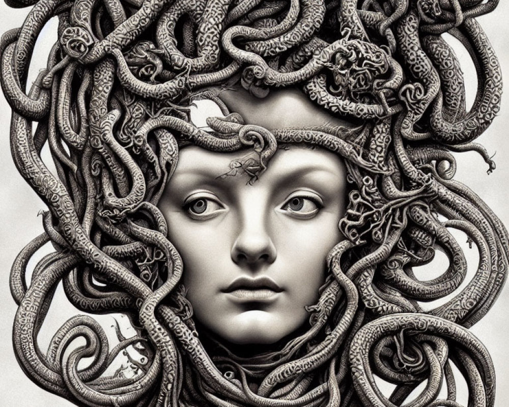 Detailed black and white illustration of person with ornate snake-like hairdo