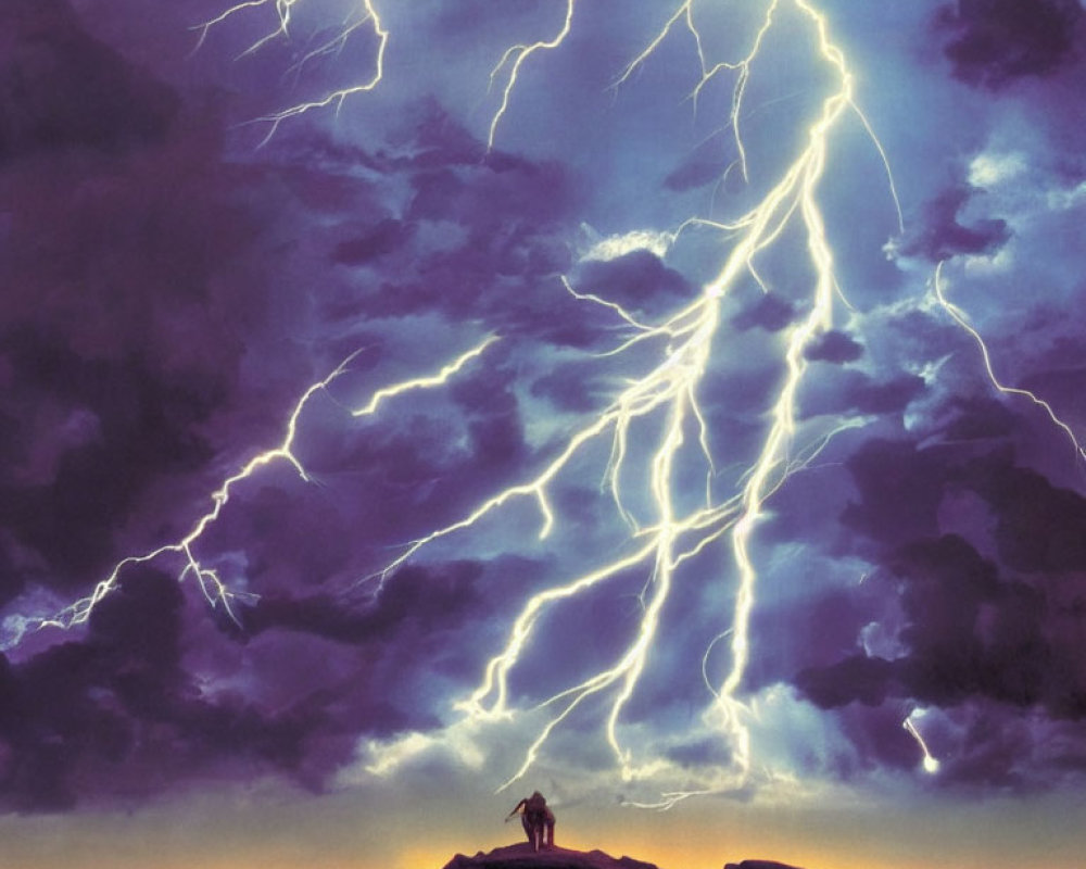 Person standing on hilltop under dramatic lightning-filled sky.