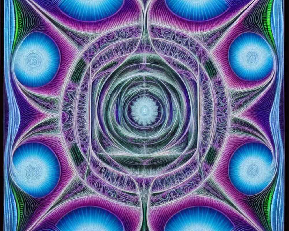 Symmetrical fractal pattern with circular shapes in blue, purple, and green.