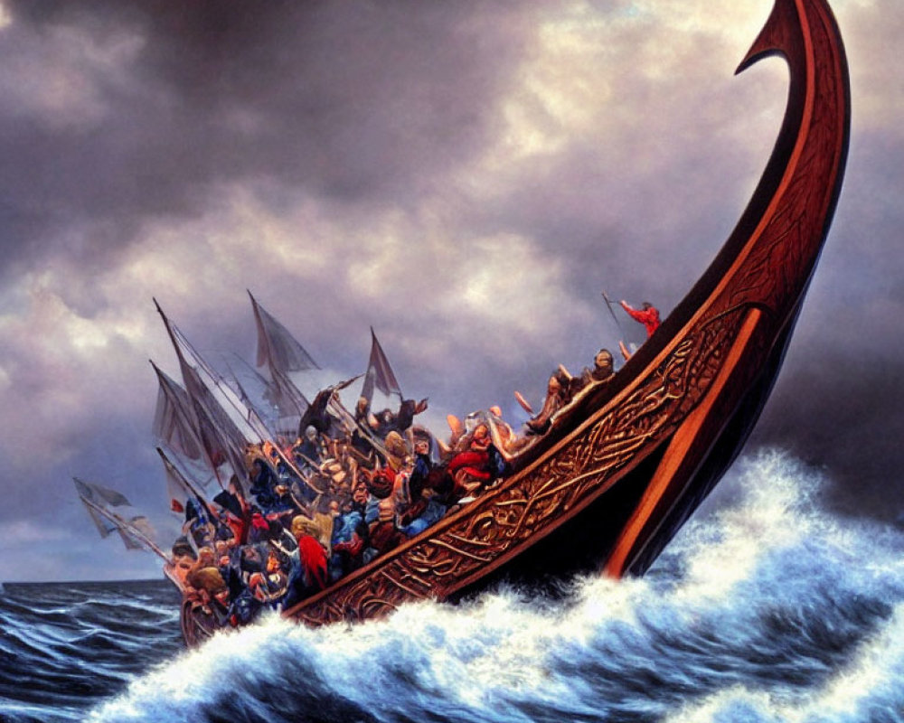 Vikings on traditional longship in stormy seas