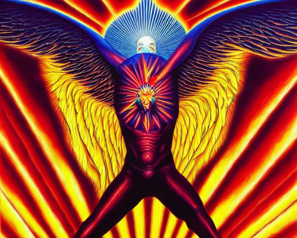 Colorful painting of figure with wings and glowing heart in fiery aura on black background