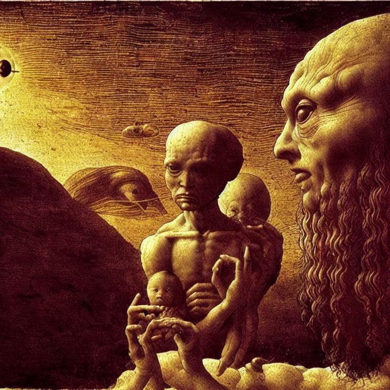 Surrealist painting: Giant face, humanoid figure with baby, barren landscape, floating orb
