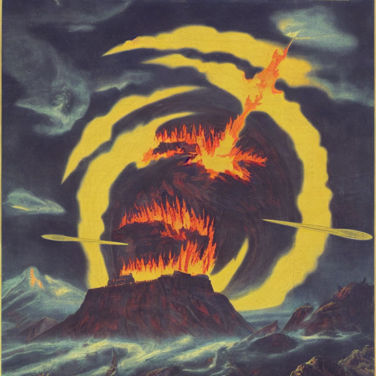 Vintage-style Illustration of Volcanic Eruption with Flying Saucers