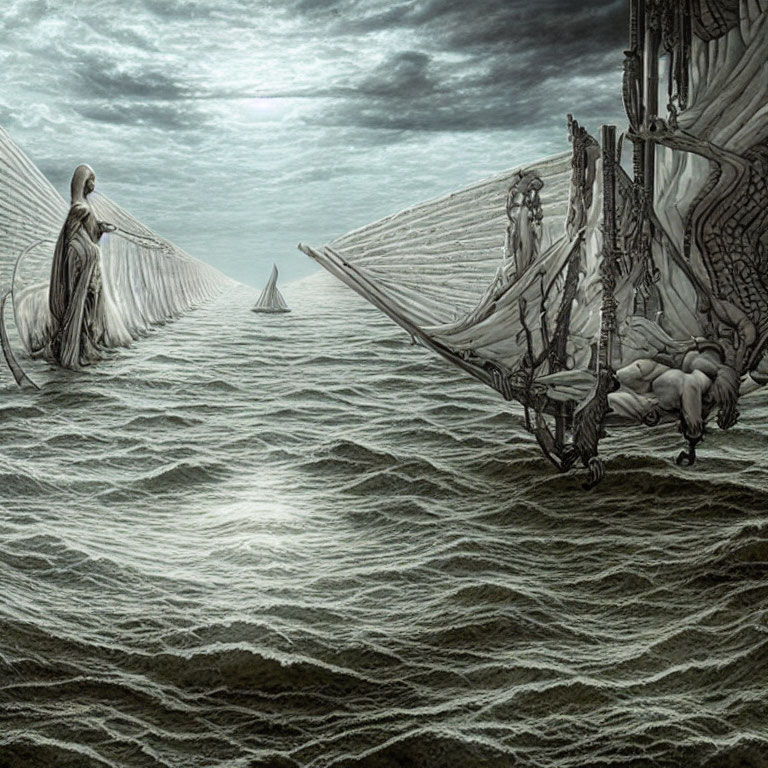 Surreal artwork: Robed figures, skeletal ships on wavy sea