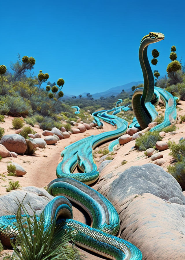 Digitally altered image: Snake winding through desert landscape