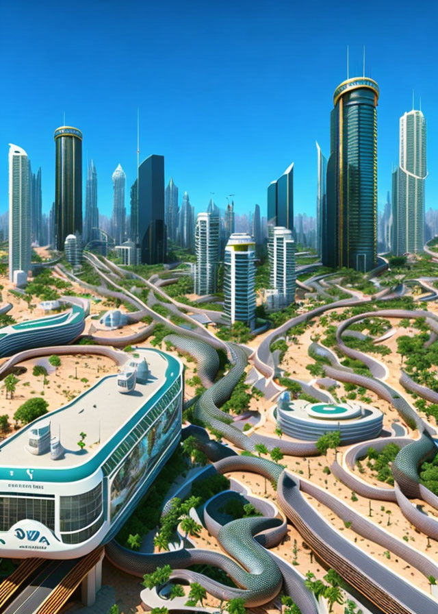 Futuristic cityscape with modern skyscrapers and curvy roads