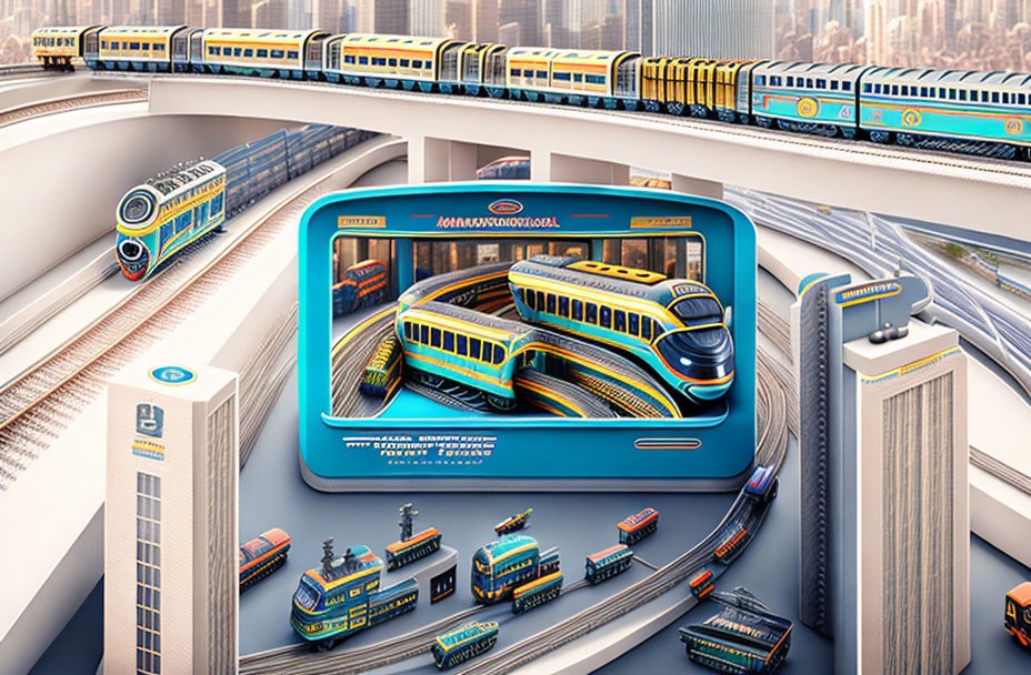 Multi-level futuristic train station in modern city backdrop