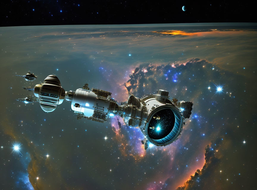 Futuristic space station above vibrant planet with moon and stars