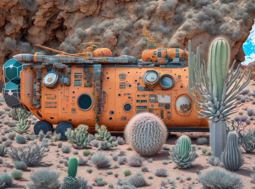 Futuristic orange vehicle in desert landscape with cacti