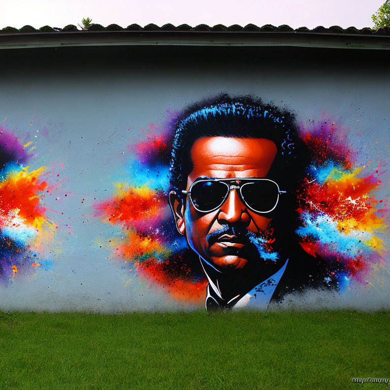 Colorful graffiti artwork of a man with sunglasses on a grey wall with green grass background