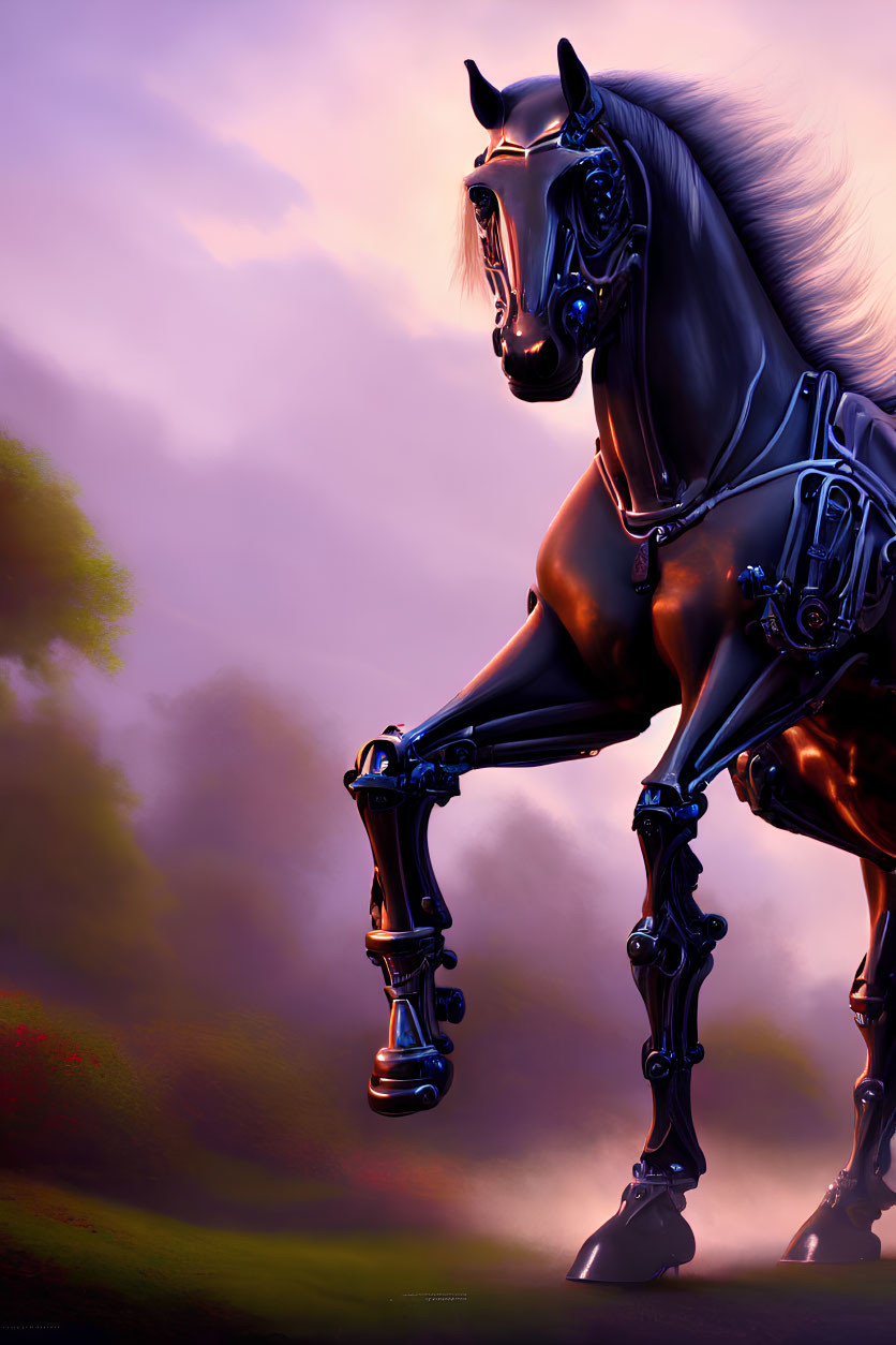 Steampunk horse digital illustration in dynamic pose under purple sky