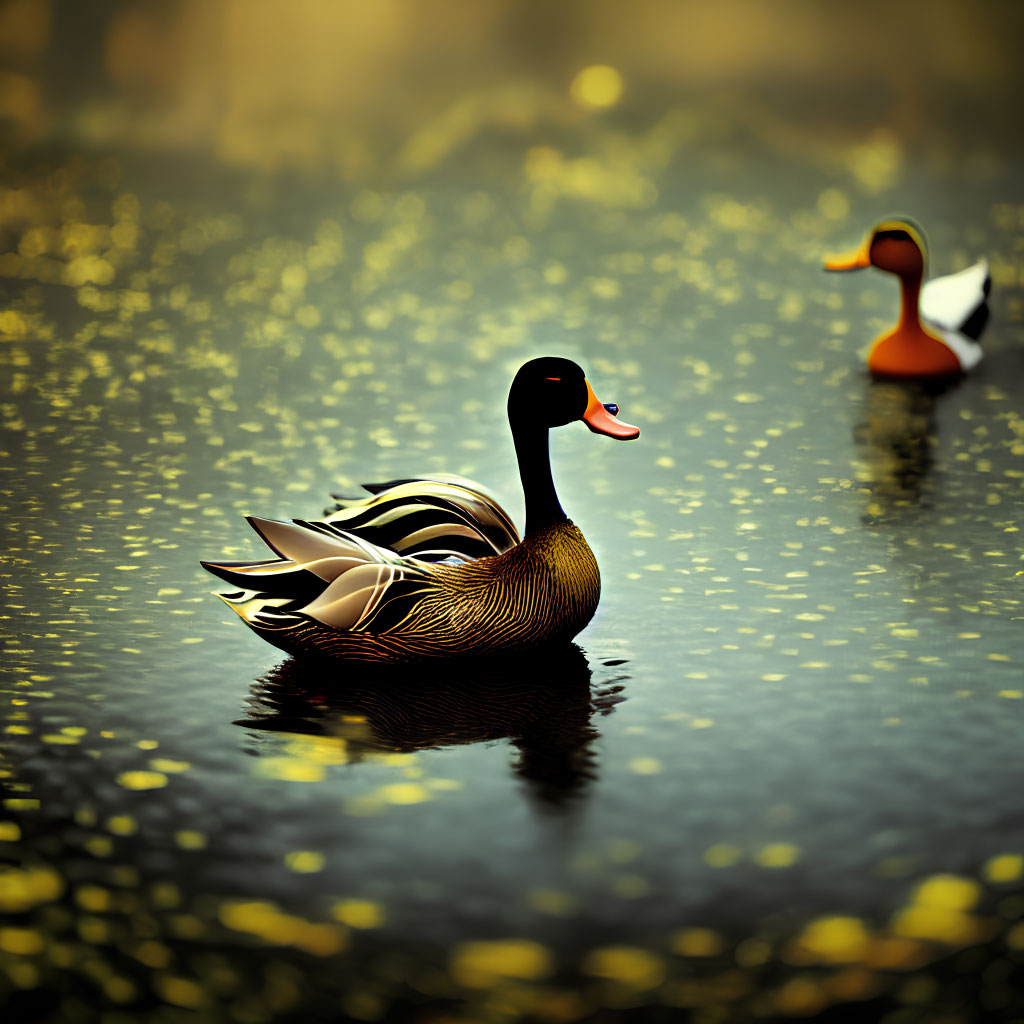Tranquil lake scene with two ducks, one sharp, one blurred