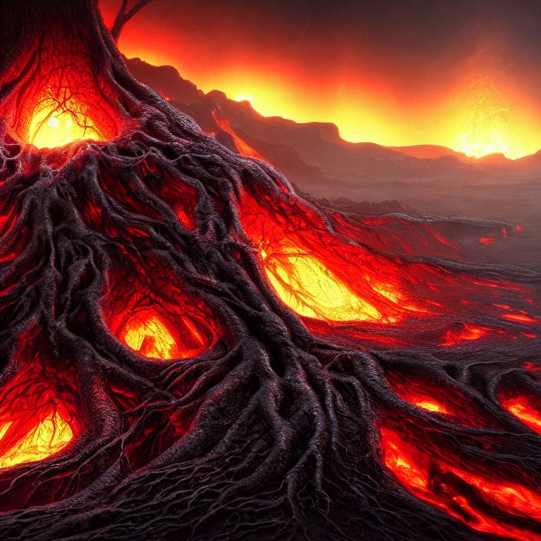 Fiery volcanic landscape with flowing lava under dark sky