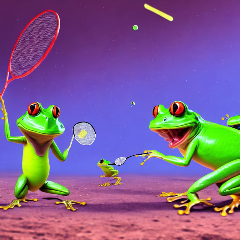 Animated frogs playing badminton on purple background