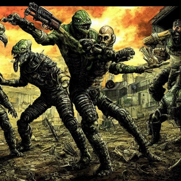Illustration of armed humanoid creatures with reptilian features in post-apocalyptic chaos