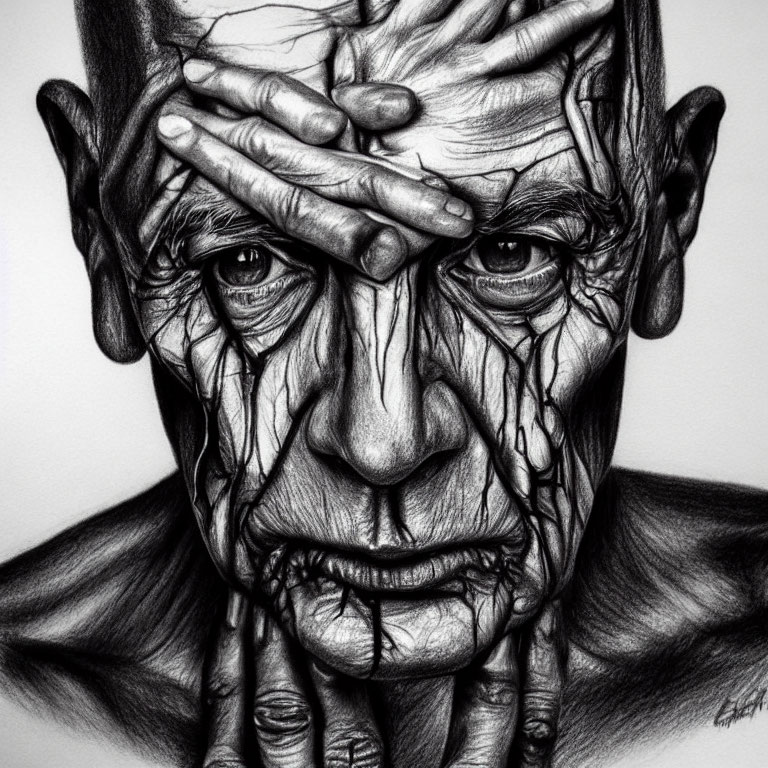 Detailed pencil drawing of elderly person with hand covering face