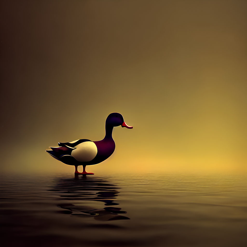 Duck Artwork: Stylized Purple and Black Tones in Tranquil Water