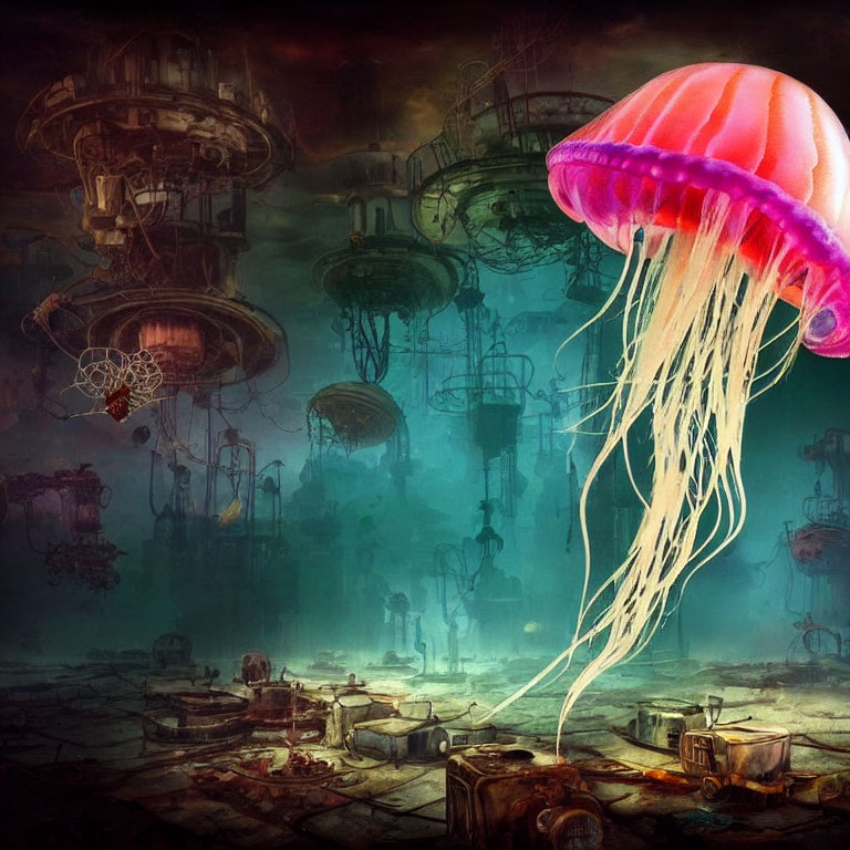 Surreal underwater scene with jellyfish and sunken city structures.
