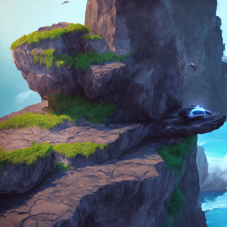Futuristic vehicle hovering near lush cliffs with birds in blue sky