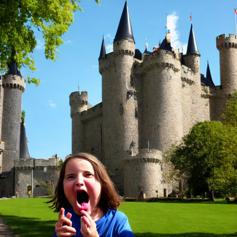 Child playfully pretending to eat majestic castle under blue sky