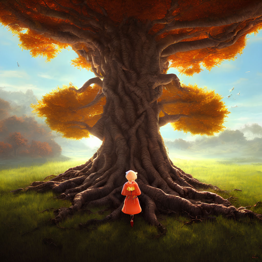 Child in red cloak near giant tree with vibrant orange leaves