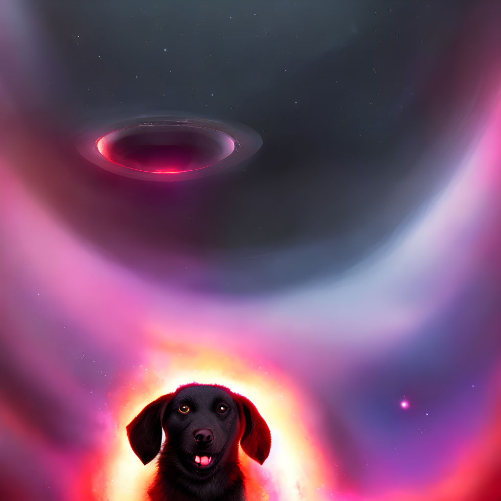 Curious black dog gazes at vibrant cosmic scene with UFO in pink and purple clouds