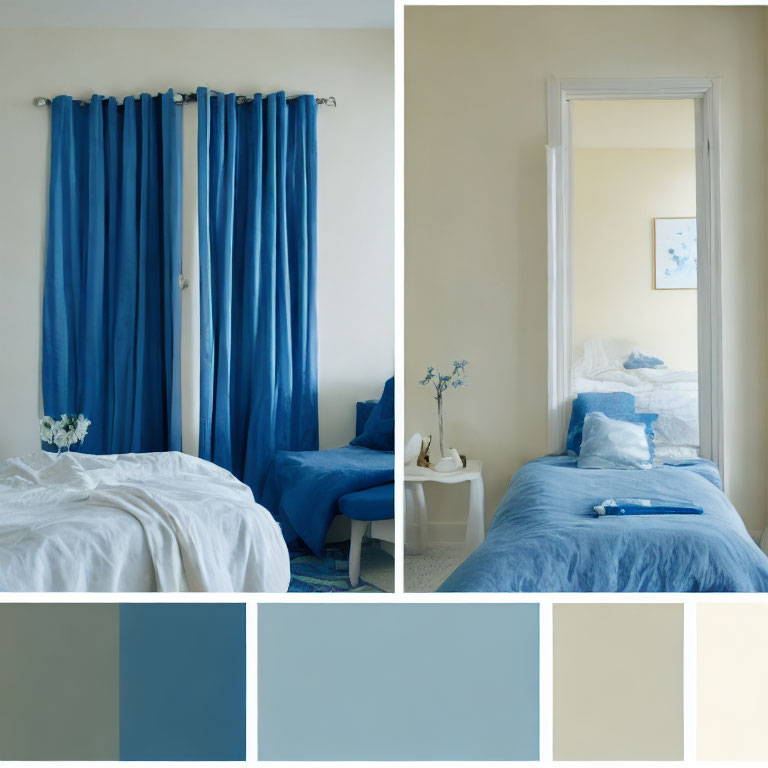 Blue-themed Bedroom with Matching Decor and Color Palette