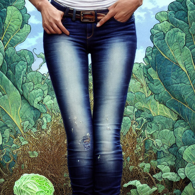 Blue jeans-clad person in cabbage field under clear sky