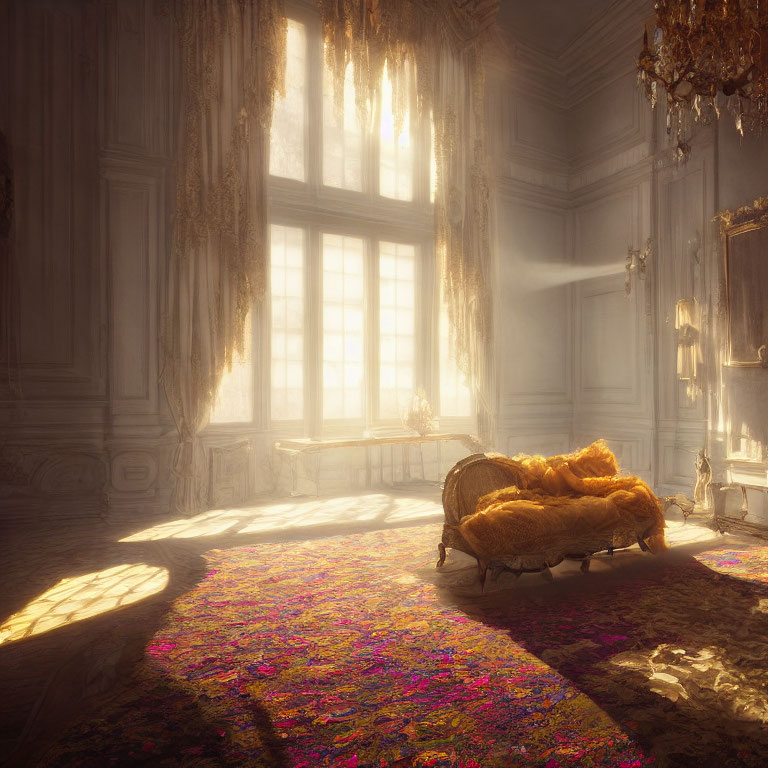 Sunlit ornate room with golden chaise lounge & colorful carpet