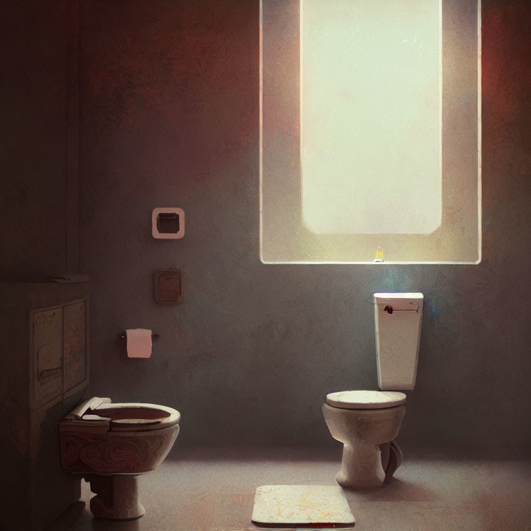 Vintage-style bathroom with soft lighting, frosted window, toilet, sink, and fluffy mat
