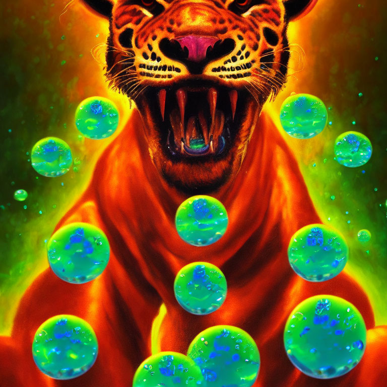 Vibrant snarling jaguar surrounded by green bubbles on fiery background