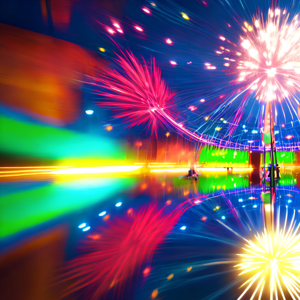 Colorful fireworks illuminate fairground with water reflections