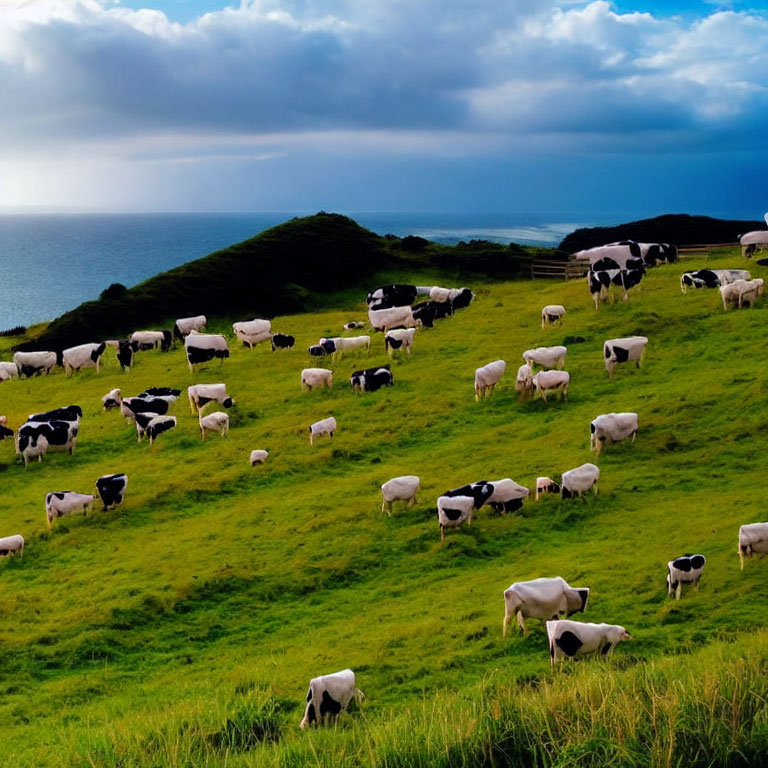 Cows grazing on lush green hillside with ocean backdrop