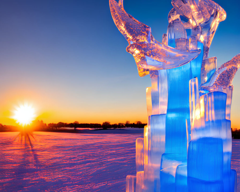 Sunset illuminates glowing ice sculpture on snowy terrain