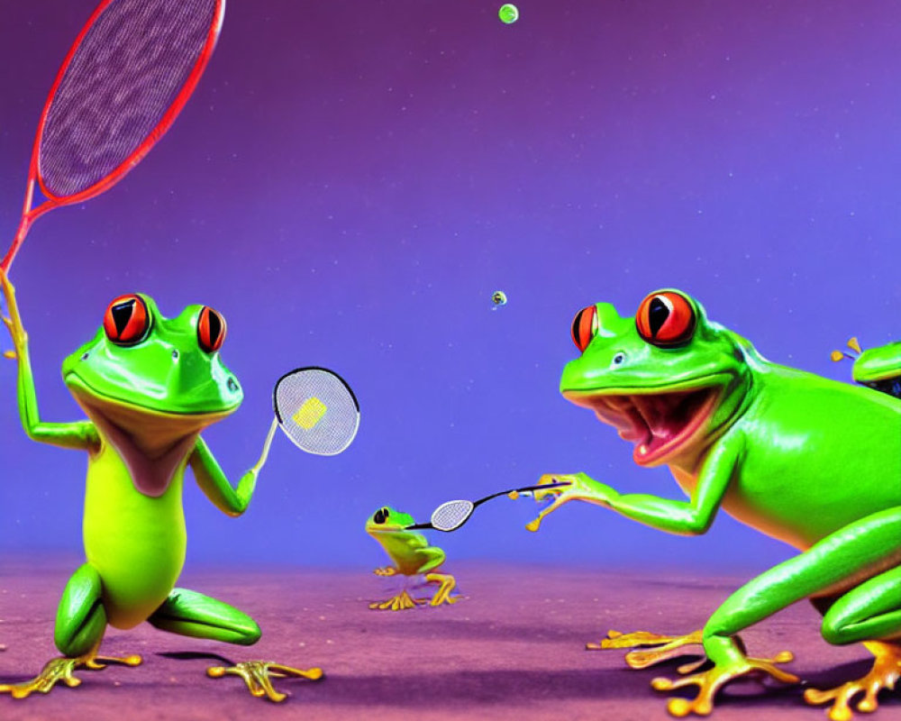 Animated frogs playing badminton on purple background