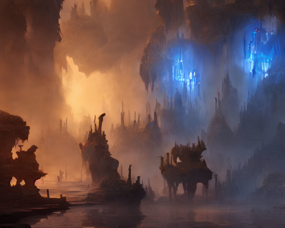 Mystical cavern with towering stalactites and shadowy figures