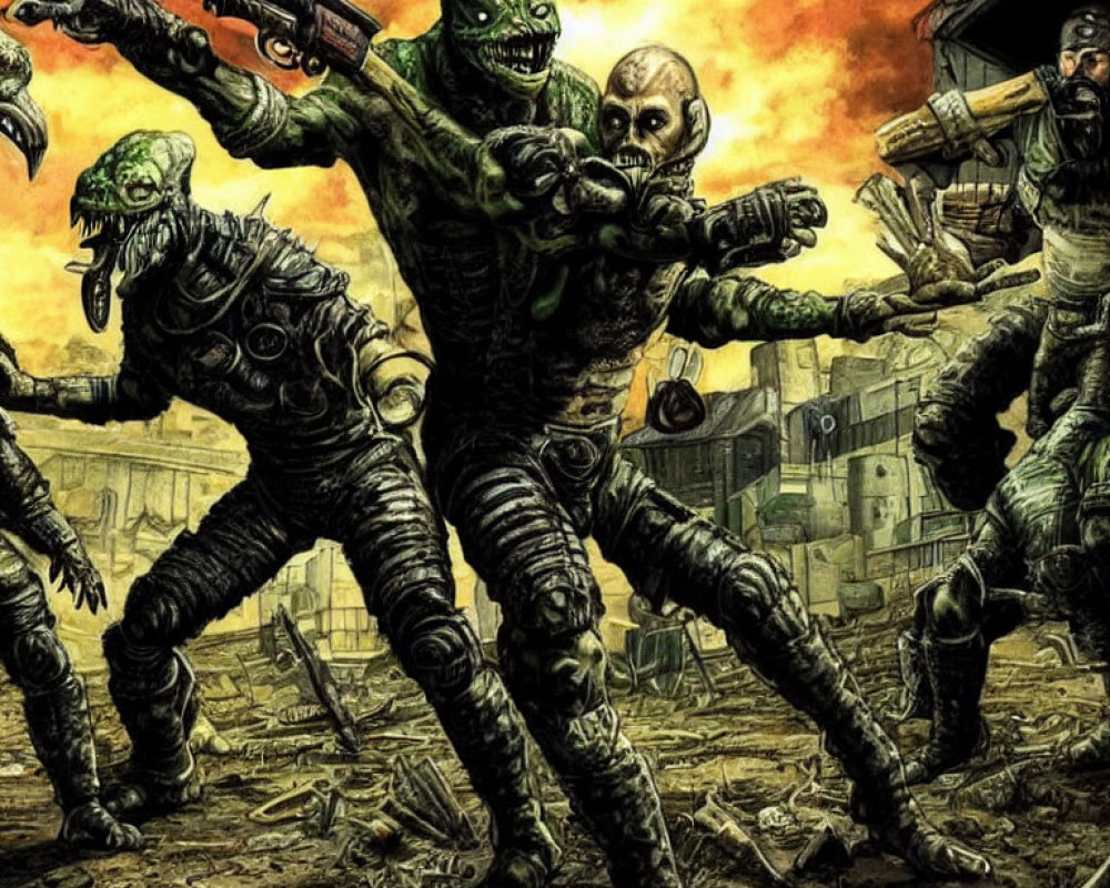 Illustration of armed humanoid creatures with reptilian features in post-apocalyptic chaos