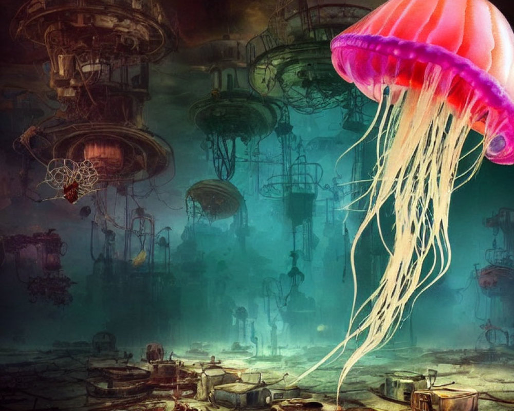 Surreal underwater scene with jellyfish and sunken city structures.