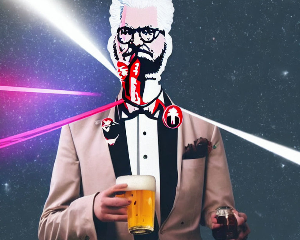 Illustration of a person in tuxedo holding a beer with neon lights.