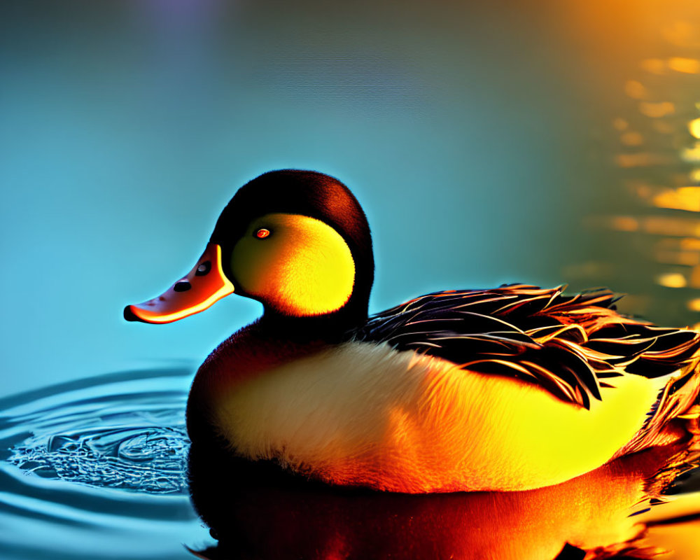 Vivid Yellow and Blue Lit Duck Portrait with Reflection in Water