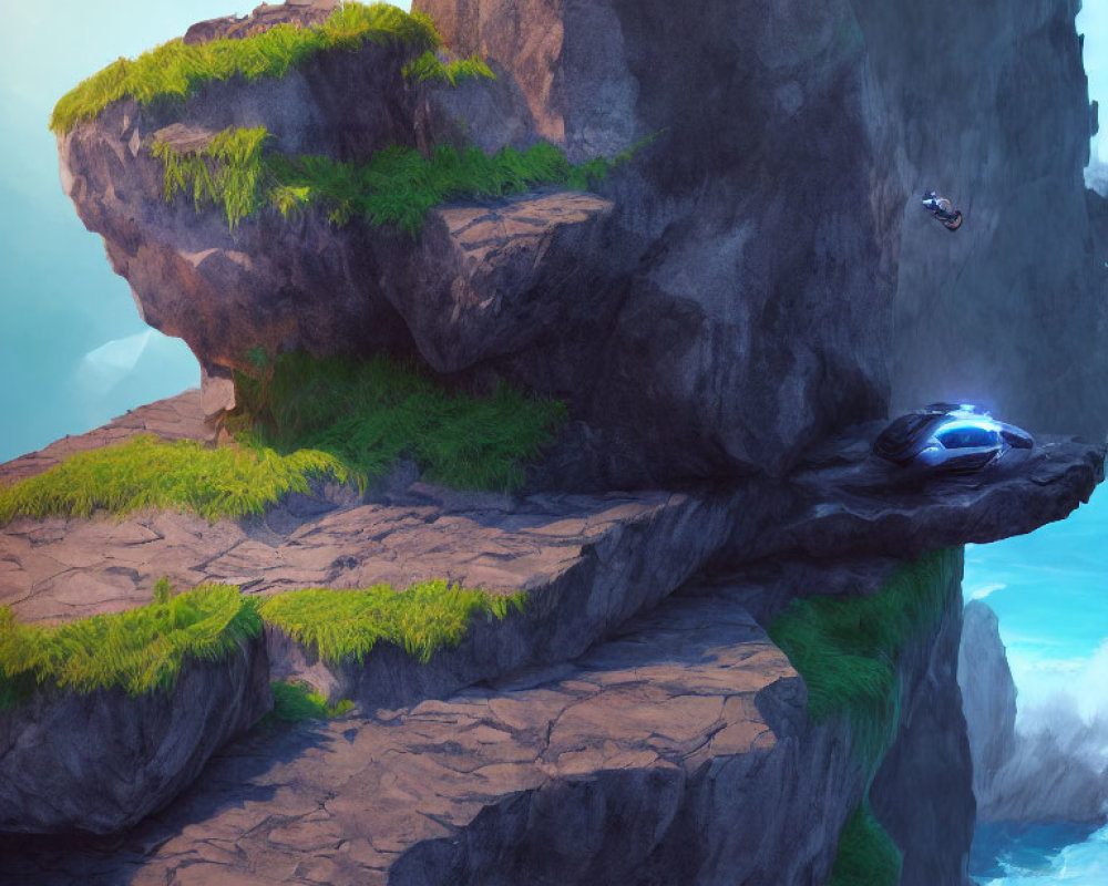 Futuristic vehicle hovering near lush cliffs with birds in blue sky